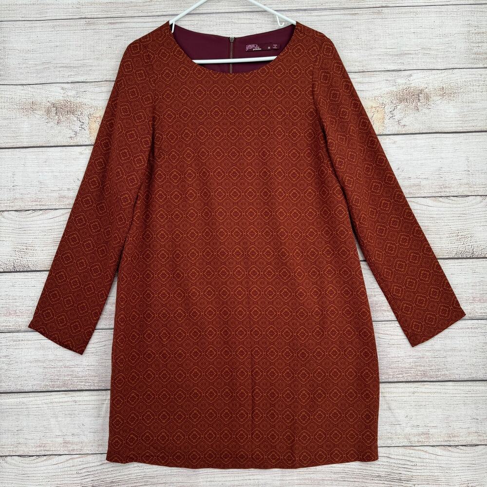 prAna CeCe Geometric Print Sheath Dress Womens Medium Pomegranate Brown